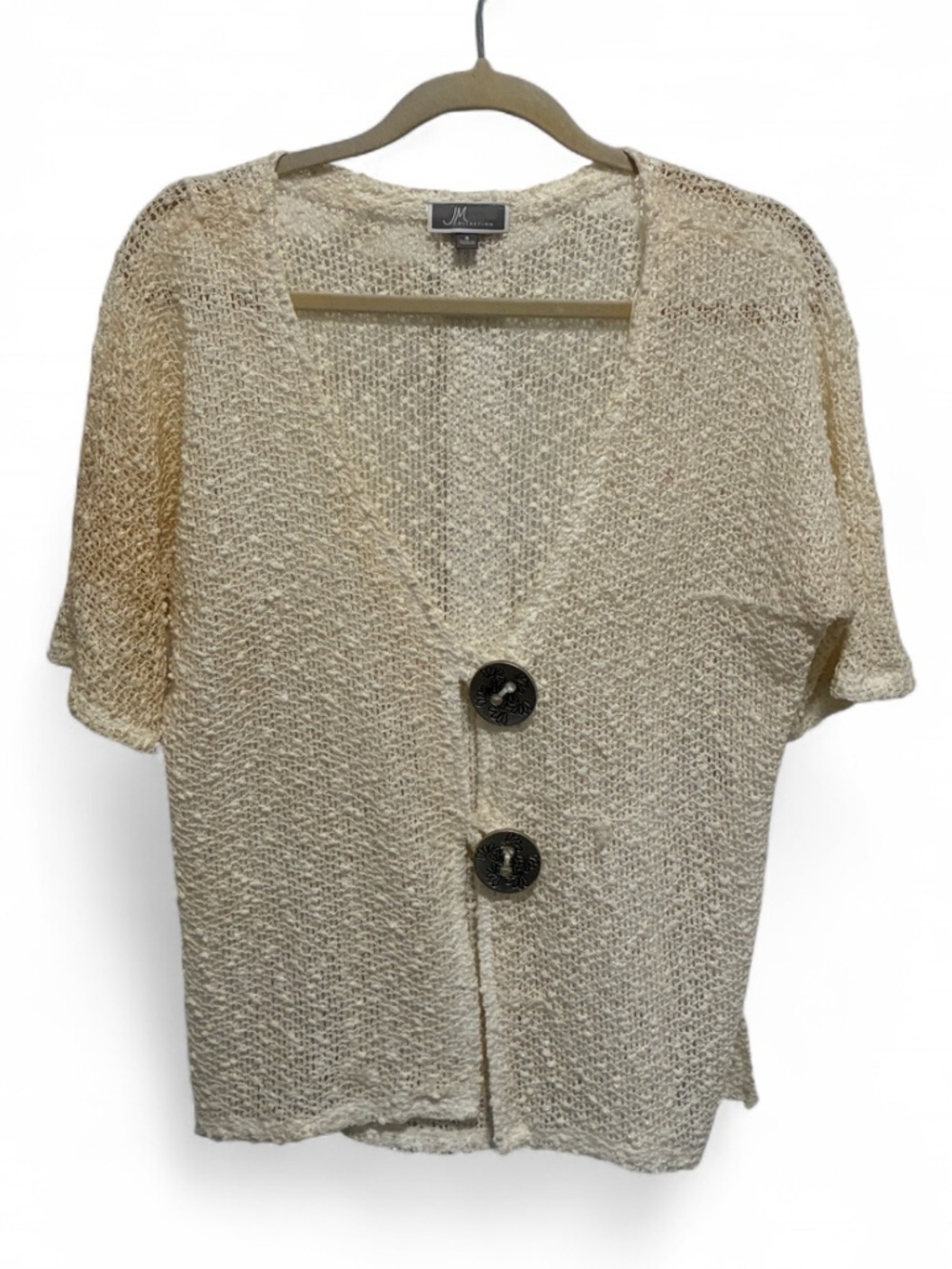 Y2K JM Collection Cream Open-Knit Short-Sleeve Cardigan with Statement Buttons